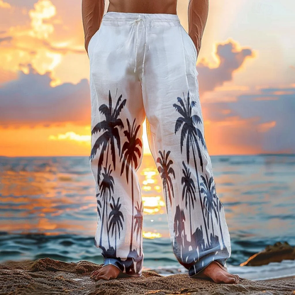 Vintage Hawaii Beach Printed Art Linen Blend Casual Pants artswardrobe