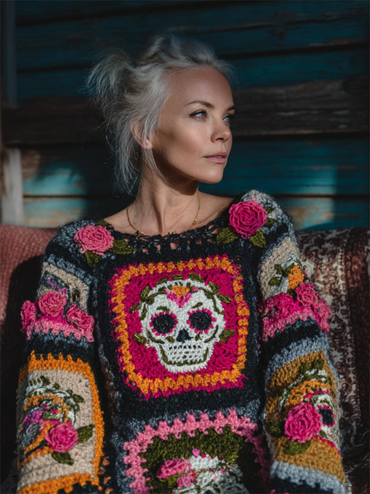 Day Of The Dead Sugar Skulls Roses Crochet Cozy Sweater artswardrobe