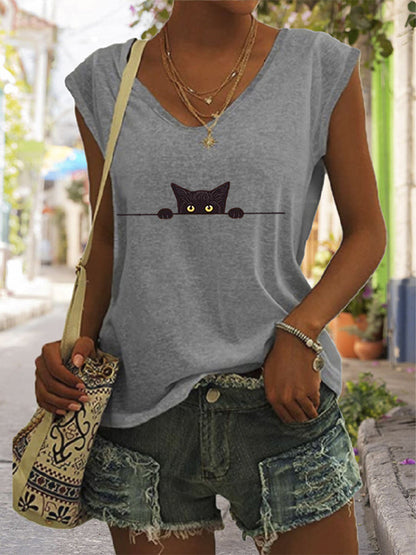 Women's Casual Black Cat Print Vest elevenforest