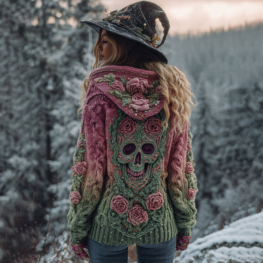 Women's Viking Tribal Jacquard Celtic With Red Rose And Skull Inspired Cozy Knitted Hooded Cardigan artswardrobe