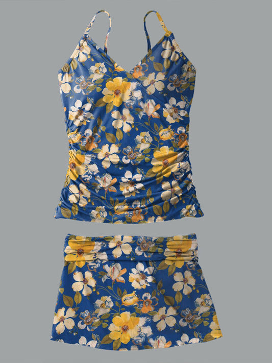 V-Neck Vintage Flowers Print Suspender Skirt Tankini Pantskirt Set Swimsuit