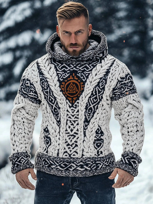 Men's Viking Valknut Embroidered Cozy Chunky Hooded Sweater artswardrobe