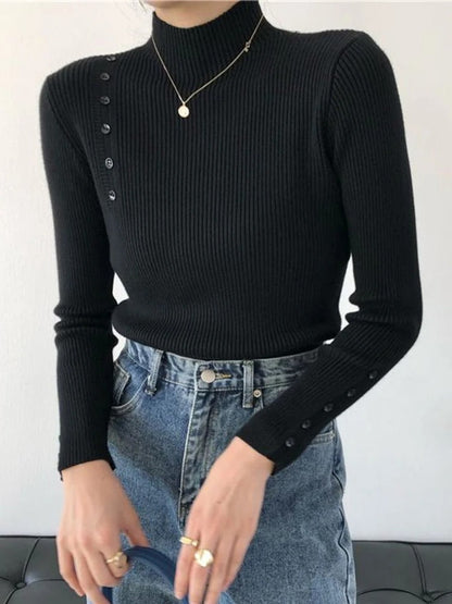 LM | MW - Elegant sweater with decorative buttons and stand-up collar