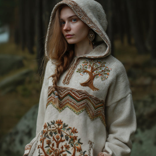 Women In Ancient Viking Style Flowering Tree Of Life Warm Hooded Sweater artswardrobe