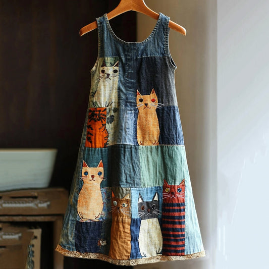 Comstylish Casual Pop Art Patchwork Denim Cat Dress