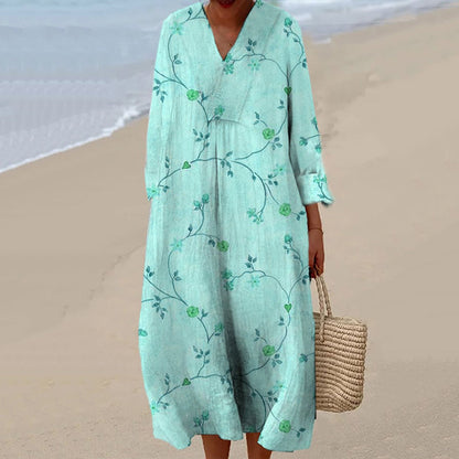 Vintage Floral Art Cotton Linen Comfy Maxi Dress artswardrobe