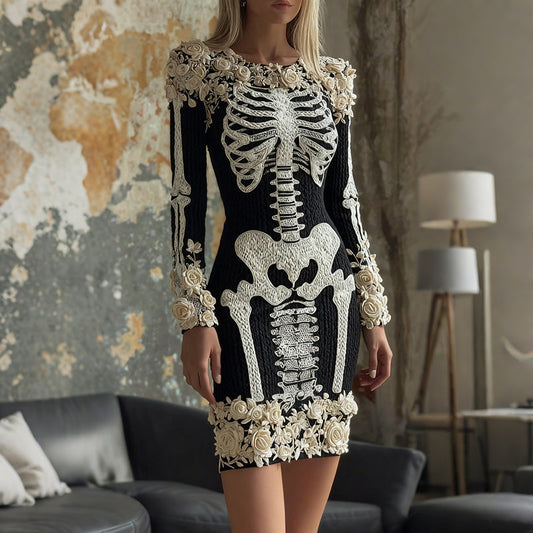 Classy Skull And Roses Art Cozy Knit Sweater Dress artswardrobe