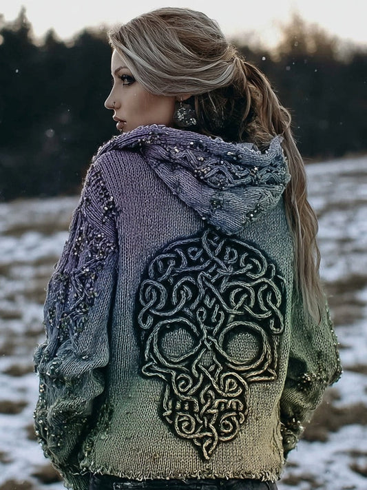 Vintage Celtic Skull Embroidered Gradient Cozy Hooded Sweater artswardrobe