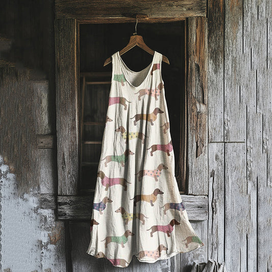 Comstylish Women's Vintage Dachshund Casual Linen And Cotton Midi Dress