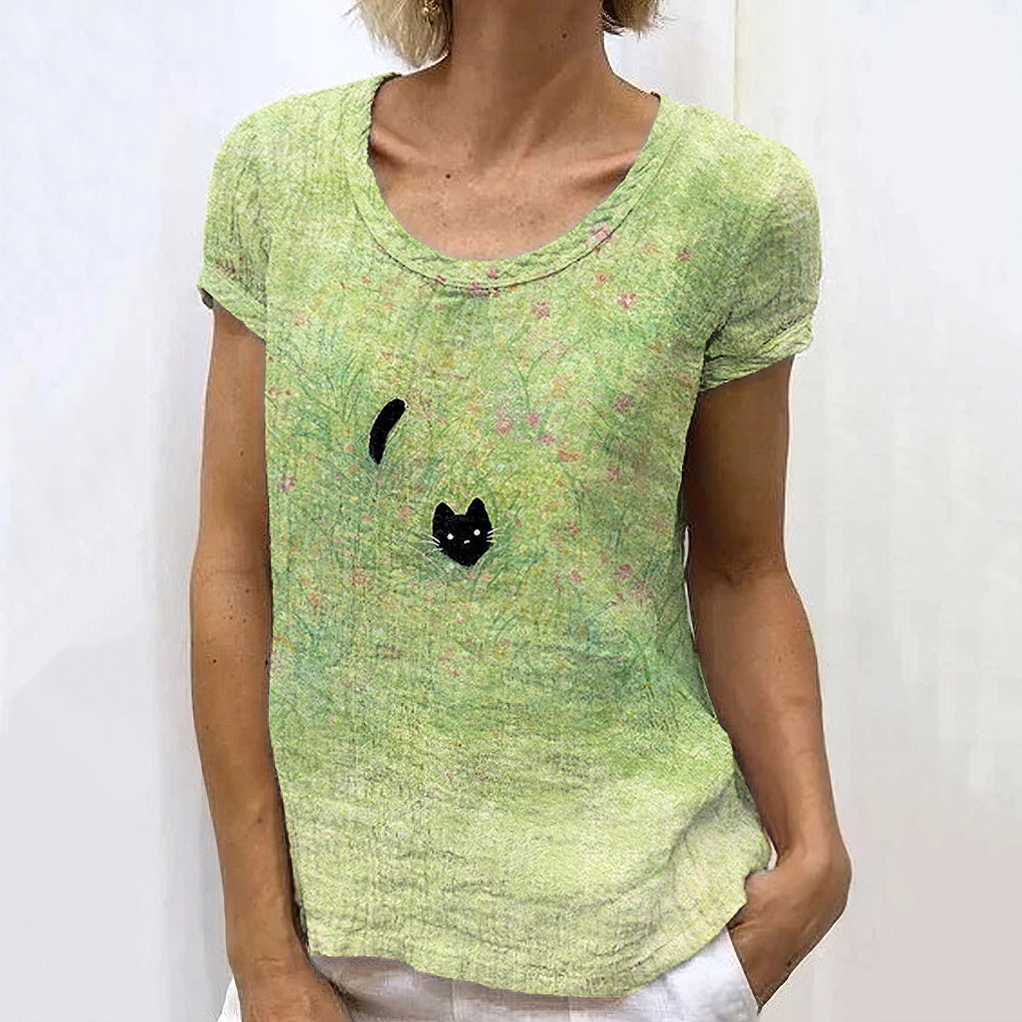 Women'S Black Cat Short Sleeve Casual Shirt elevenforest