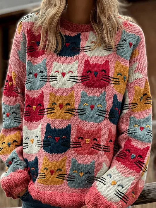 Women's Vintage Cat Art Print Sweater artswardrobe
