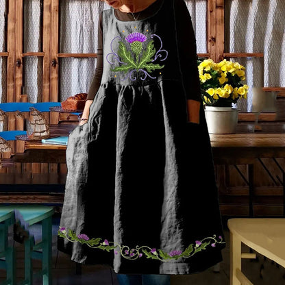 Scottish Thistle Embroidered Sleeveless Linen Blend Midi Dress artswardrobe