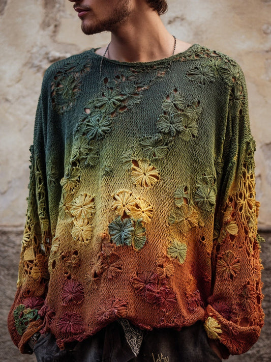 Men's Boho Floral Crochet Embroidered Gradient Cozy Sweater artswardrobe