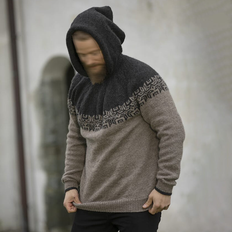 Vintage Contrasting Pattern Knitted Icelandic Hooded Sweater elevenforest