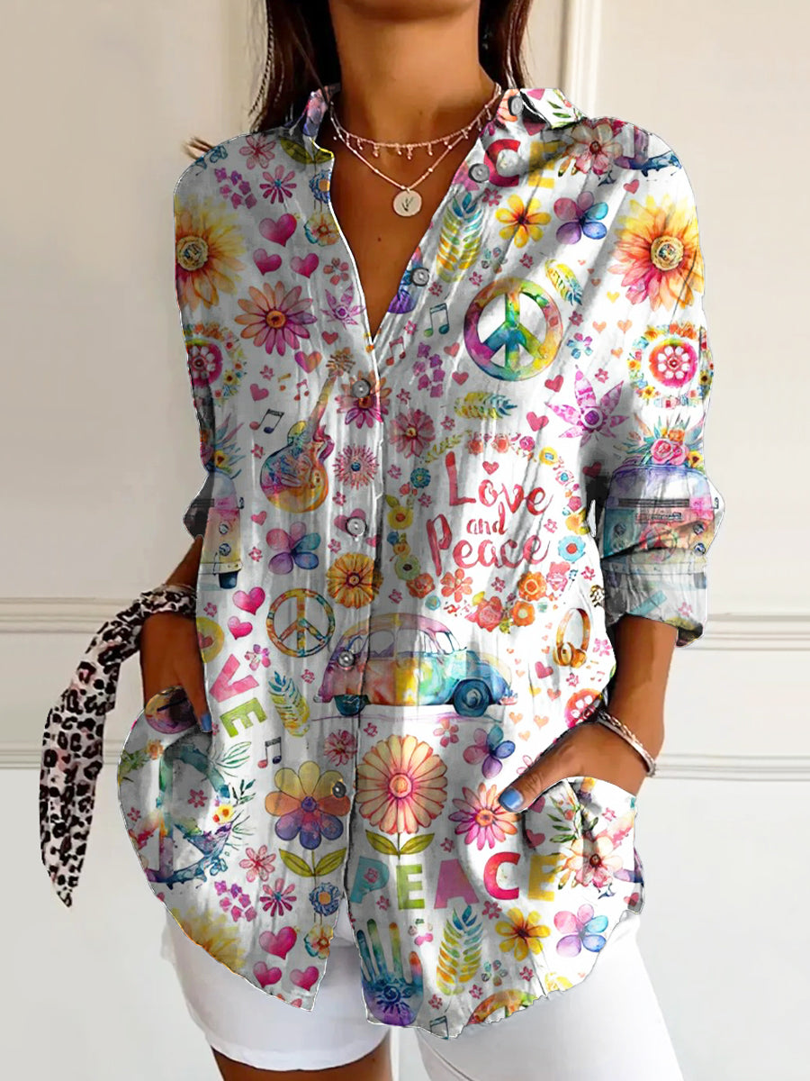 Women's Hippie Peace Love Art Print Casual Cotton Shirt