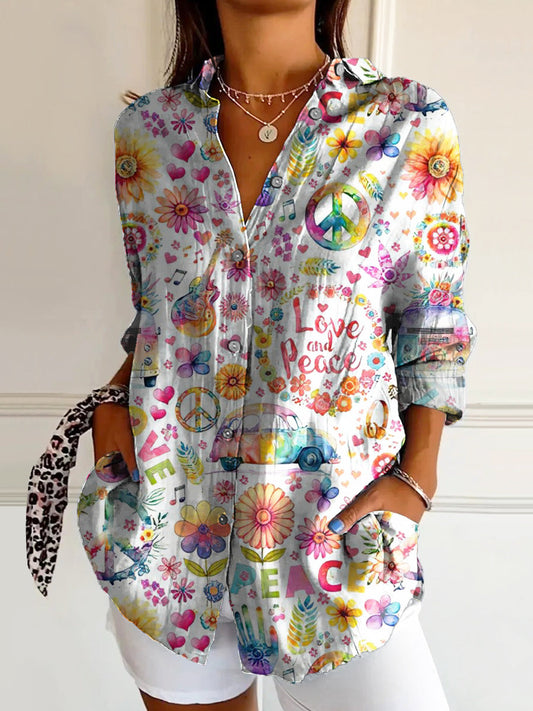 Women's Hippie Peace Love Art Print Casual Cotton Shirt