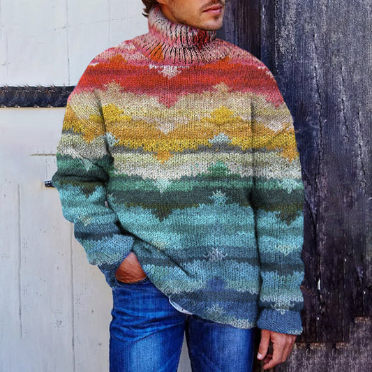 Men's Vintage Warmth Rainbow Pullover Knitted Turtleneck Sweater artswardrobe