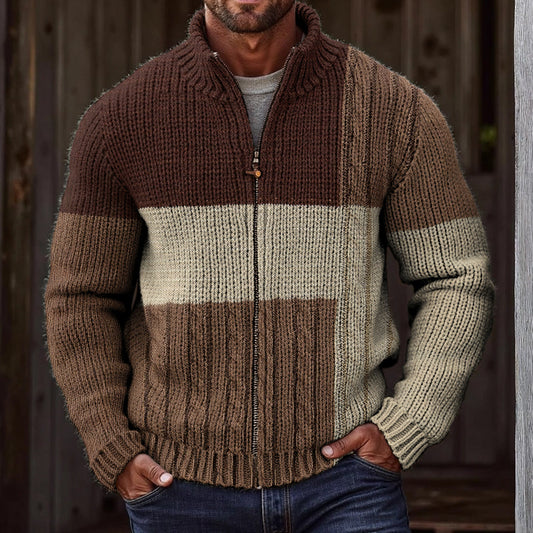 Men'S Vintage Color Block Knitted Jacquard Zipper Cozy Sweater Cardigan artswardrobe