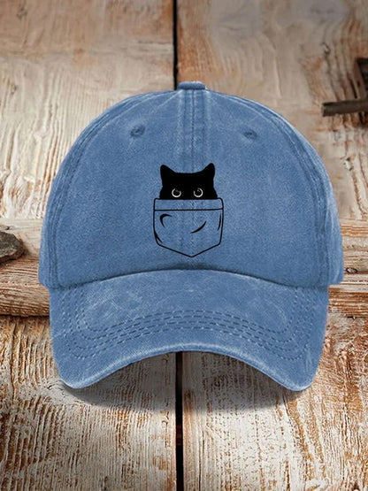 Japanese Art Black Cat Print Washed Hat elevenforest