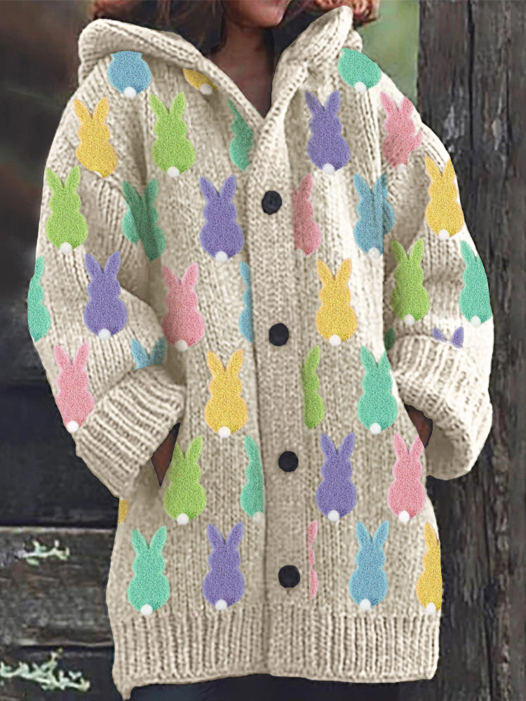 Easter Colorful Fuzzy Bunny Fleece Cozy Hooded Cardigan artswardrobe