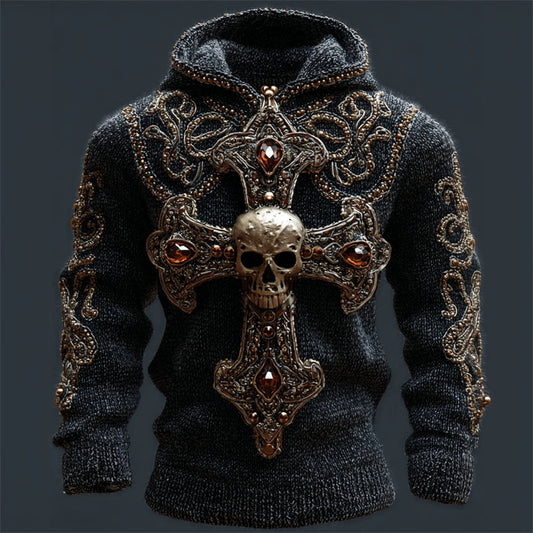 Men's Skull Cross Jewel Art Celtic Cozy Chunky Hooded Sweater artswardrobe