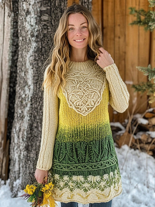 Plant Motifs Gradient Color Women's Knit Sweater Midi Dress artswardrobe