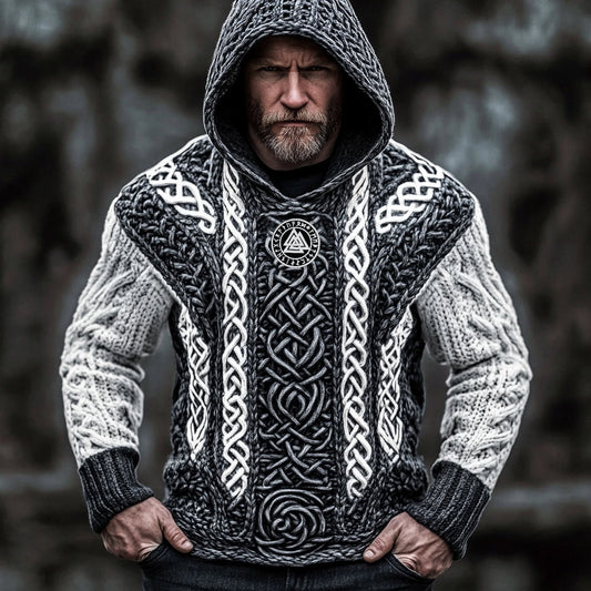Men's Vintage Viking Runes Celtic Cozy Chunky Hooded Sweater artswardrobe