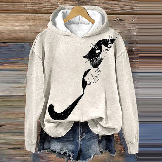 Abstract Creative Peek-A-Boo Black Cat Print Casual Sweatshirt elevenforest