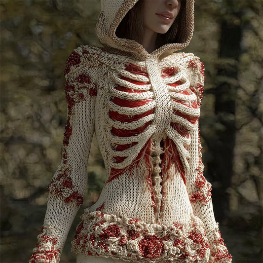 Halloween 3d Skeleton Floral Art Women's Knit Hooded Sweater artswardrobe