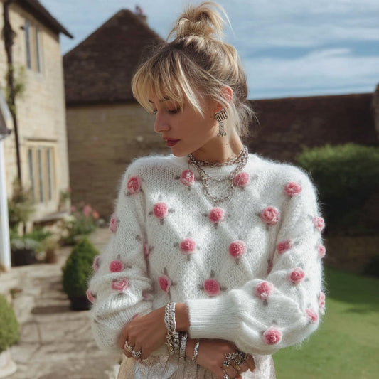 Women's Pink Rose Embroidery Cozy Knitted Pullover Sweater artswardrobe
