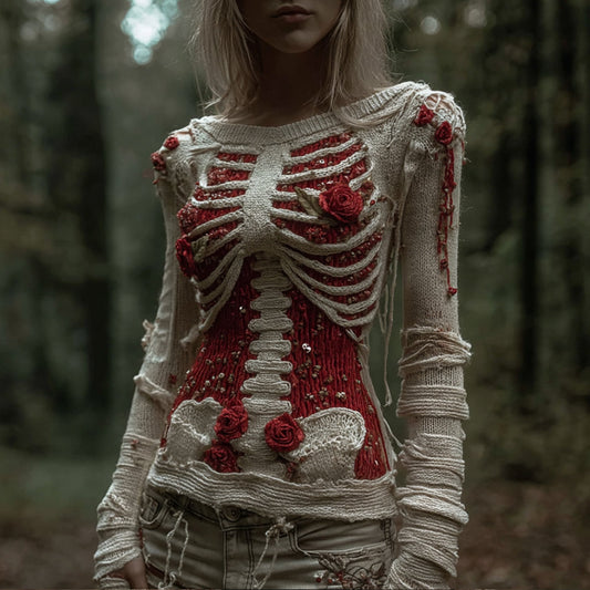 Women Halloween Skeleton Rose Ancient Bandage Round Neck Sweater artswardrobe