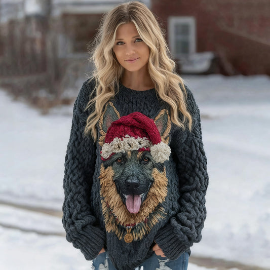 Vintage Cozy Cute German Shepherd Puppy Christmas Chunky Knit Sweater artswardrobe