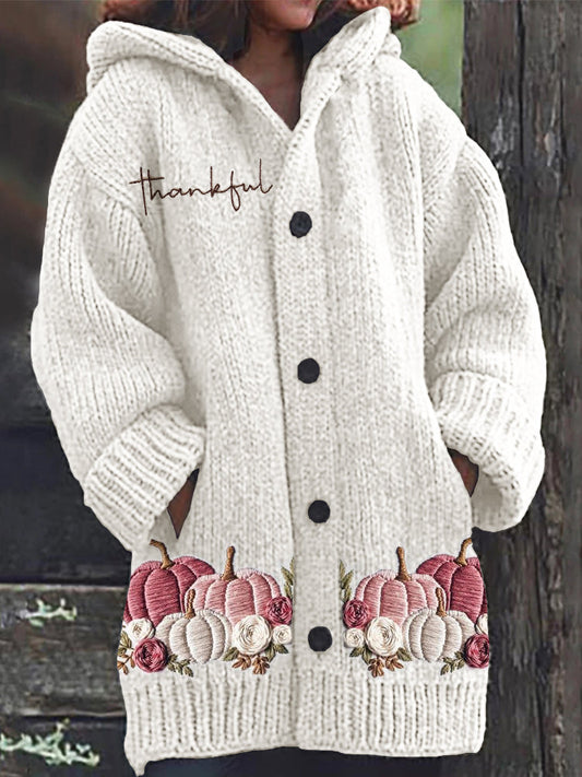 Thanksgiving Thankful Pink Pumpkins Floral Embroidered Cozy Hooded Cardigan artswardrobe
