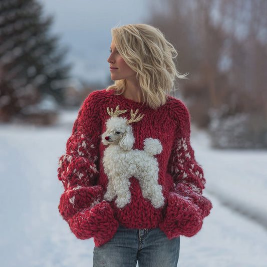 Poodle Puppy Disguised As Reindeer Christmas Chunky Knit Sweater artswardrobe