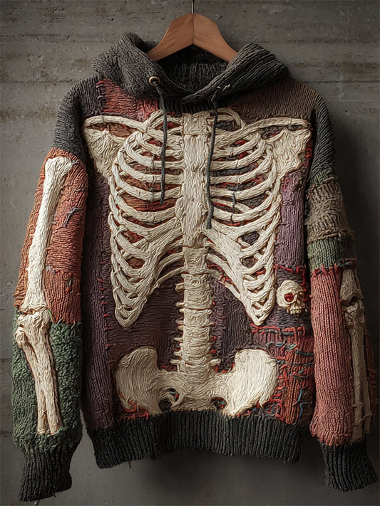 Halloween Skeleton Colorblock Anatomy Cozy Knit Hooded Sweater artswardrobe