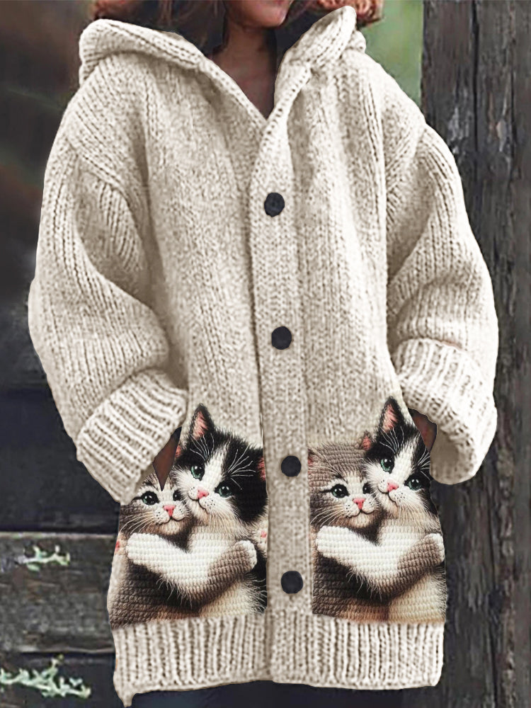Lovely Cats Embrace Crochet Cozy Knit Hooded Cardigan elevenforest