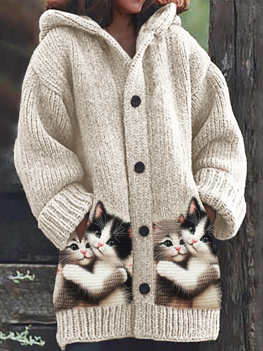 Comstylish Lovely Cats Embrace Crochet Cozy Knit Hooded Cardigan