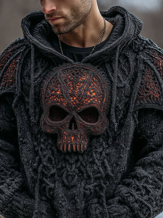 Men's Vintage Spooky Skull & Wings Chunky Hooded Sweater artswardrobe