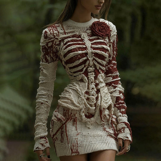 Women's Halloween Muscle Anatomy Bandage With Rose Art Cozy Knit Mini Sweater Dress artswardrobe