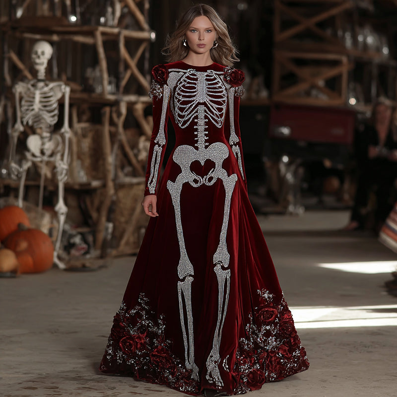 Comstylish Women's Halloween Skull Floral Velvet Crew Neck Maxi Dress