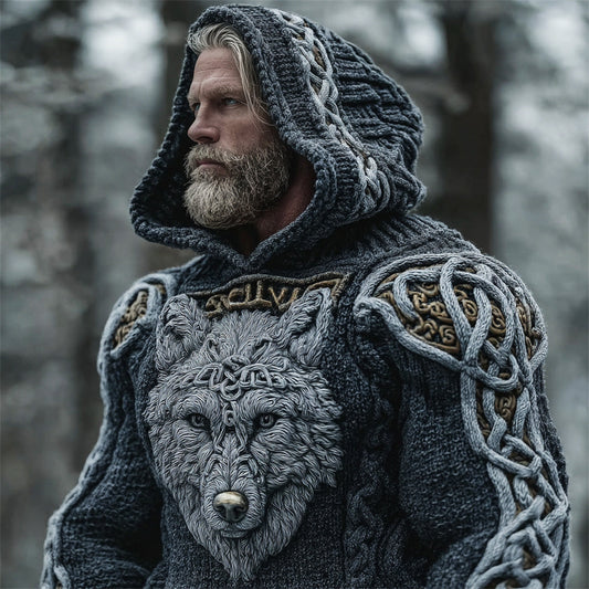 Viking Wolf Totem Men's Chunky Knit Hooded Sweater artswardrobe