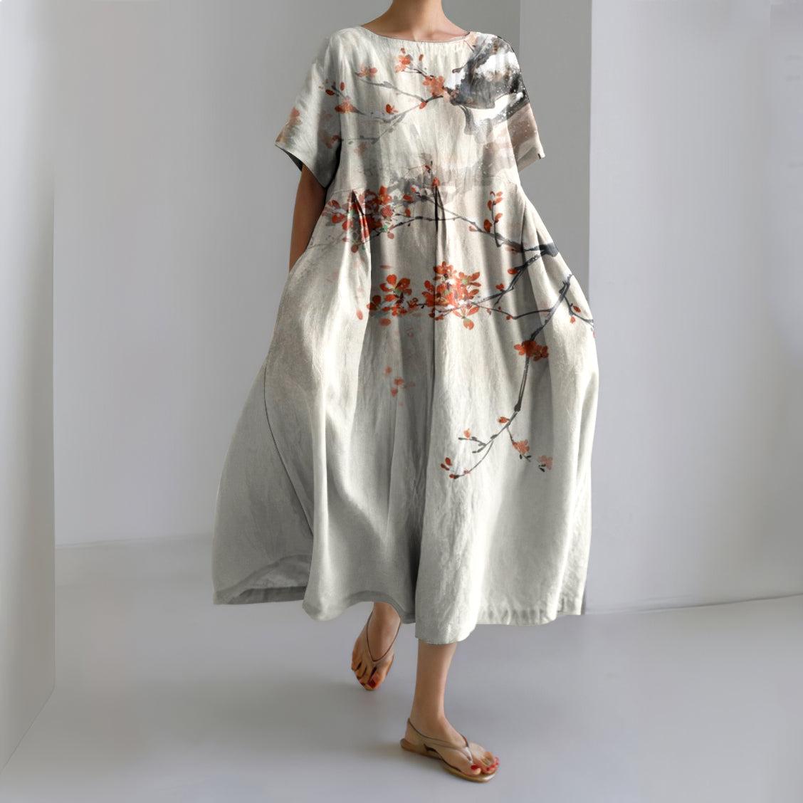 Comstylish Women Japanese Floral Art Printed Casual Midi Dress