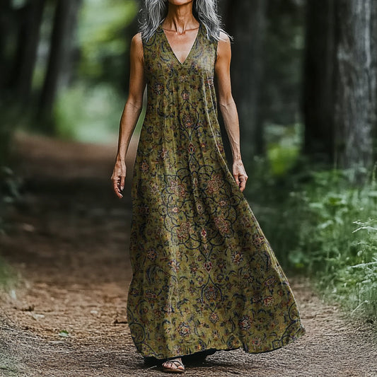 Women's Retro Ethnic Totem Art Pattern Print V-neck Sleeveless Pocket