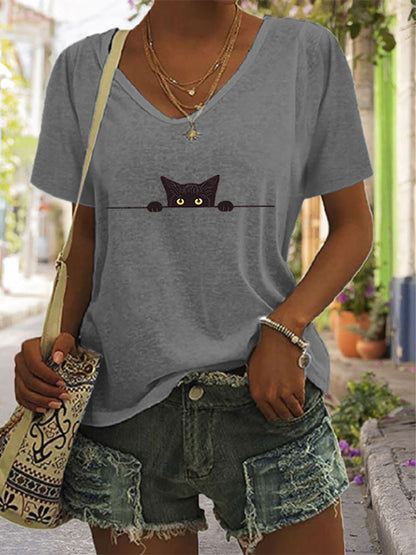 Women's Casual Black Cat Print T-shirt elevenforest