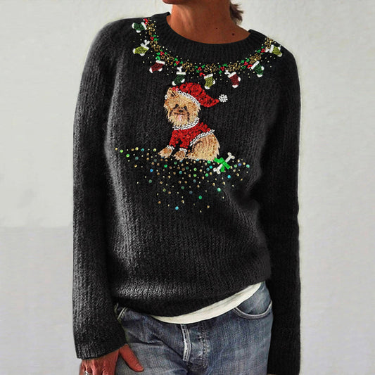 Cute Christmas Puppy Sequin Art Cozy Knit Sweater artswardrobe