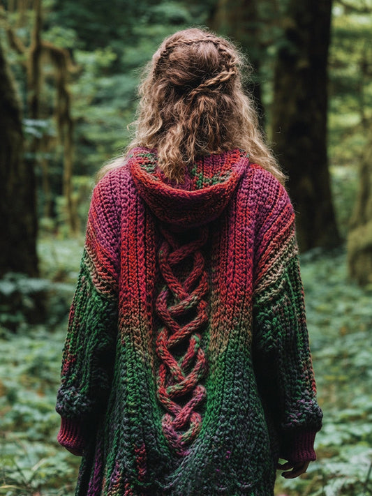 Women's Celtic Knot Retro Rainbow Chunky Knit Hooded Cardigan artswardrobe