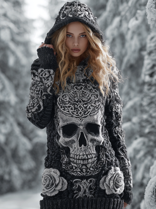 Halloween Skeleton Element Viking Style Women's Hooded Pullover Knit Sweater artswardrobe