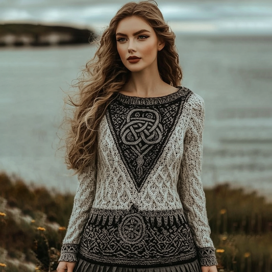 Vintage Viking Celtic Contrast Cozy Chunky Crew Neck Cozy Sweater artswardrobe