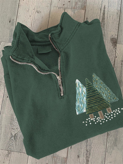 Comstylish Christmas Trees Embroidery Collar Zipper Sweatshirt