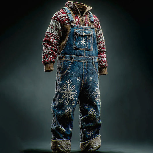 Comstylish Men's Christmas Snowflake Embroidered Denim Jumpsuit